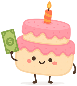 Cute cake character holding cash